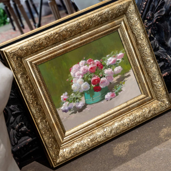 Эббот Фуллер Грейвс «Натюрморт с розами в зеленом ведерке», картина в раме