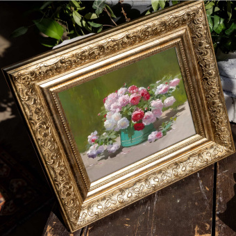 Эббот Фуллер Грейвс «Натюрморт с розами в зеленом ведерке», картина в раме